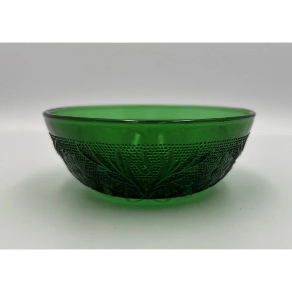 Vintage Emerald Green Pressed Glass Berry Dessert Bowls Floral Set of 2